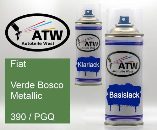 Fiat, Verde Bosco Metallic, 390 / PGQ: 400ml Sprühdose + 400ml Klarlack - Set, von ATW Autoteile West.